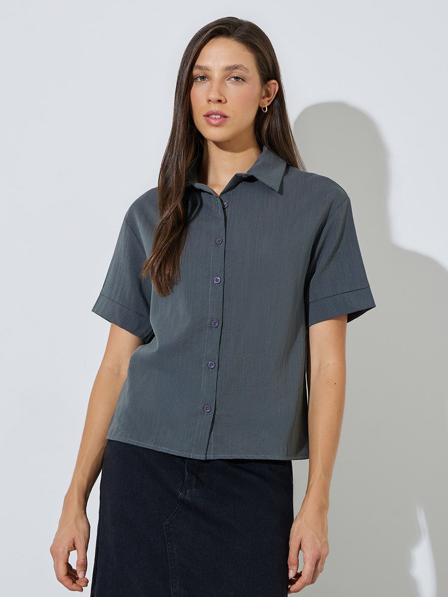 Grey Regular Fit Short Sleeve Button-Up Shirt