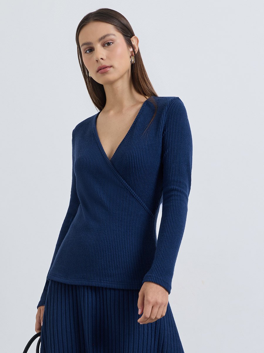 Navy Blue Long Sleeves Knit Wrap Top