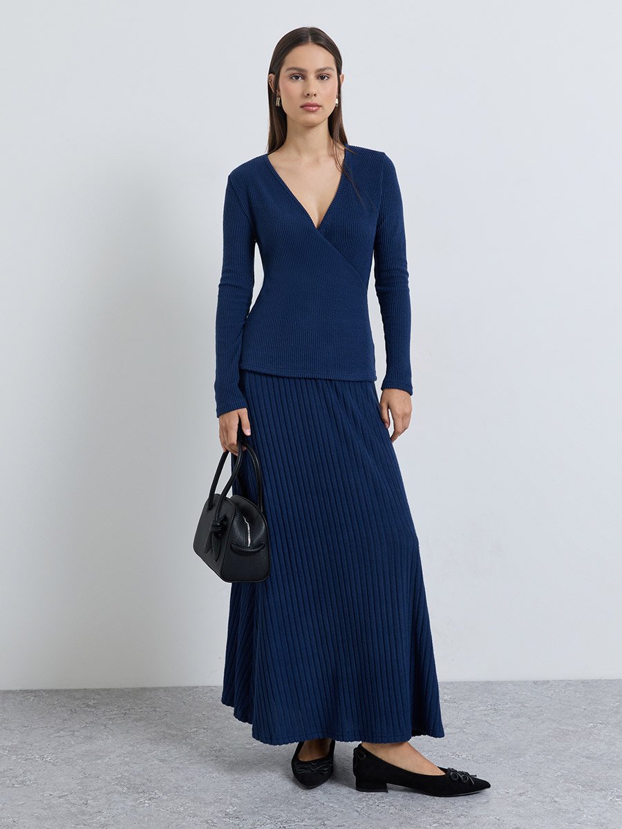 Navy Blue Long Sleeves Knit Wrap Top