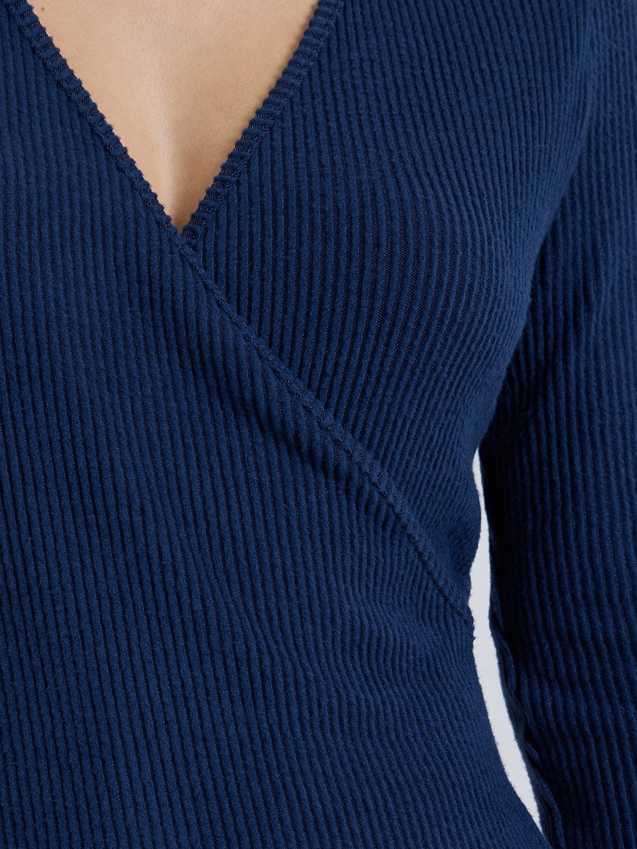 Navy Blue Long Sleeves Knit Wrap Top
