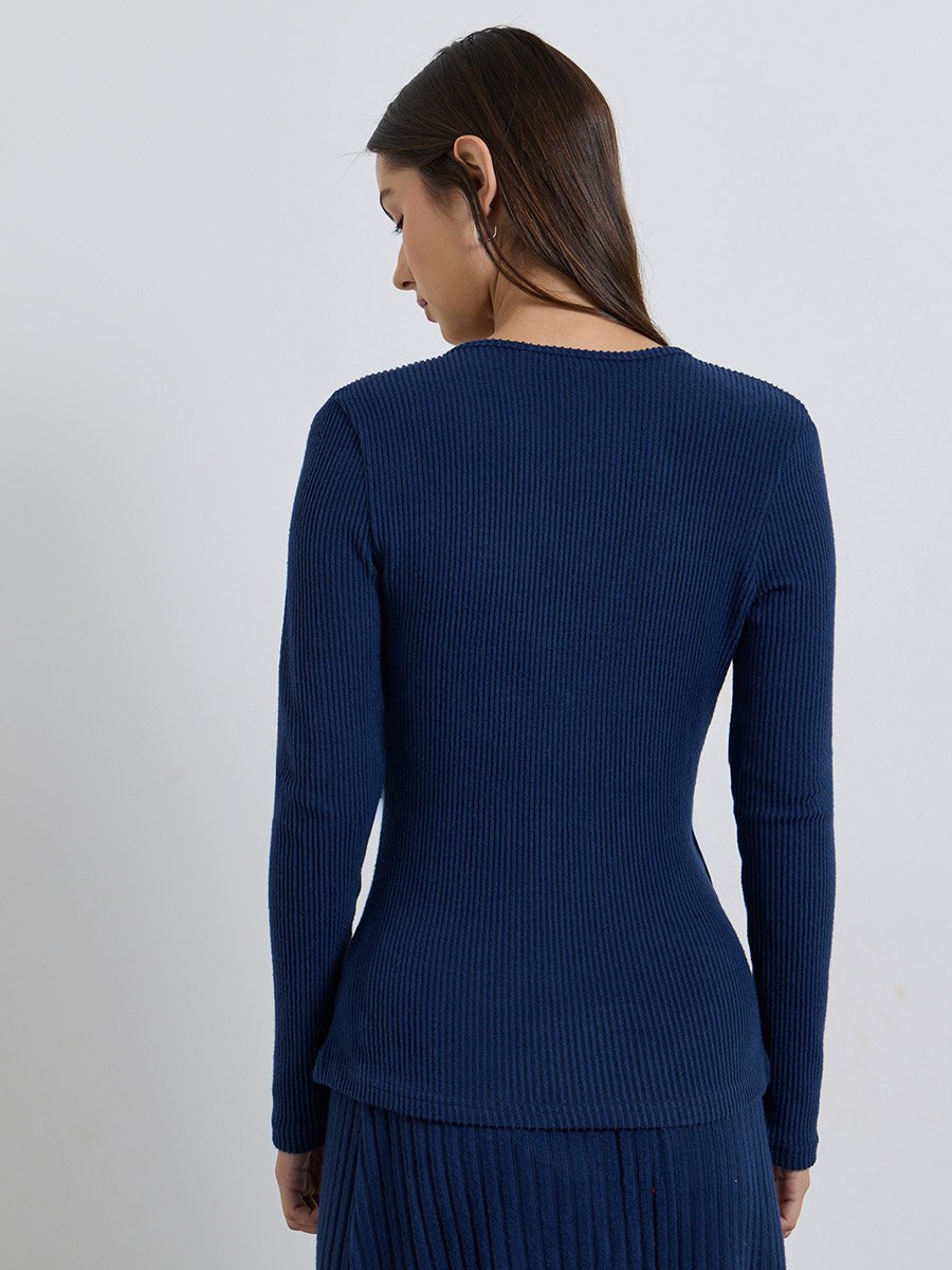 Navy Blue Long Sleeves Knit Wrap Top