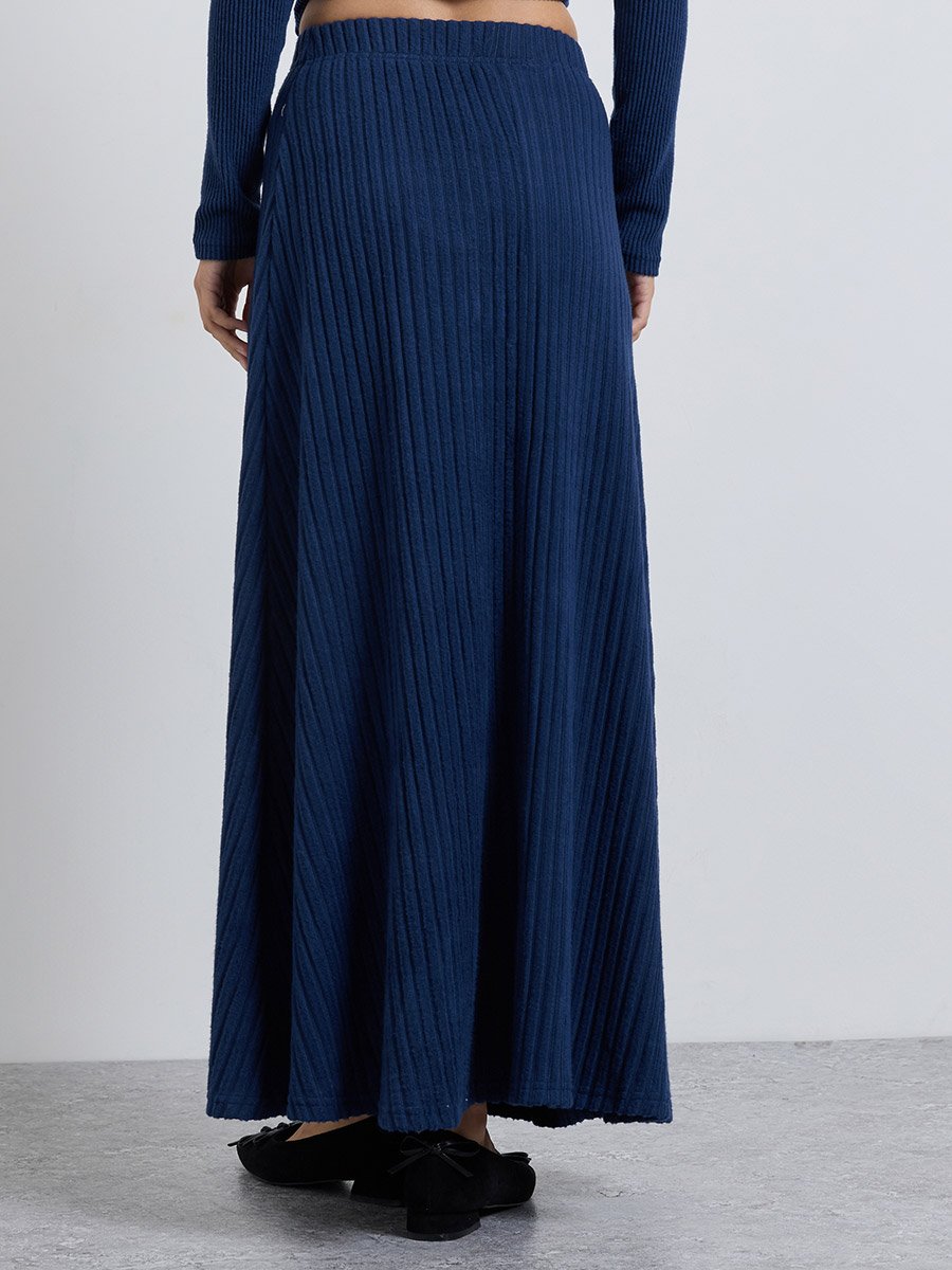 Navy Blue Wide Ribbed Knit Maxi Skirt