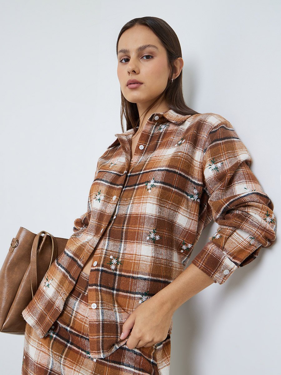 Brown Plaid Cotton Shirt with Embroidery
