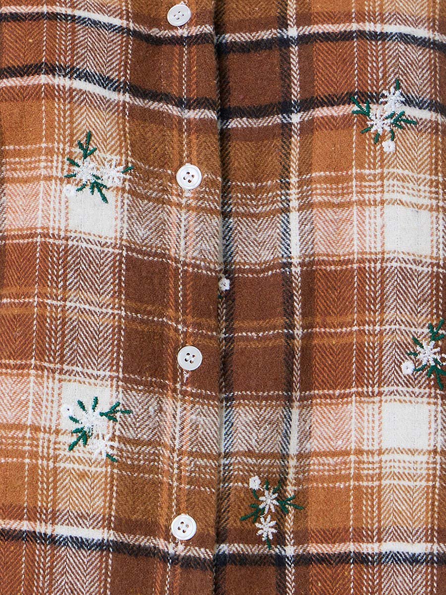 Brown Plaid Cotton Shirt with Embroidery