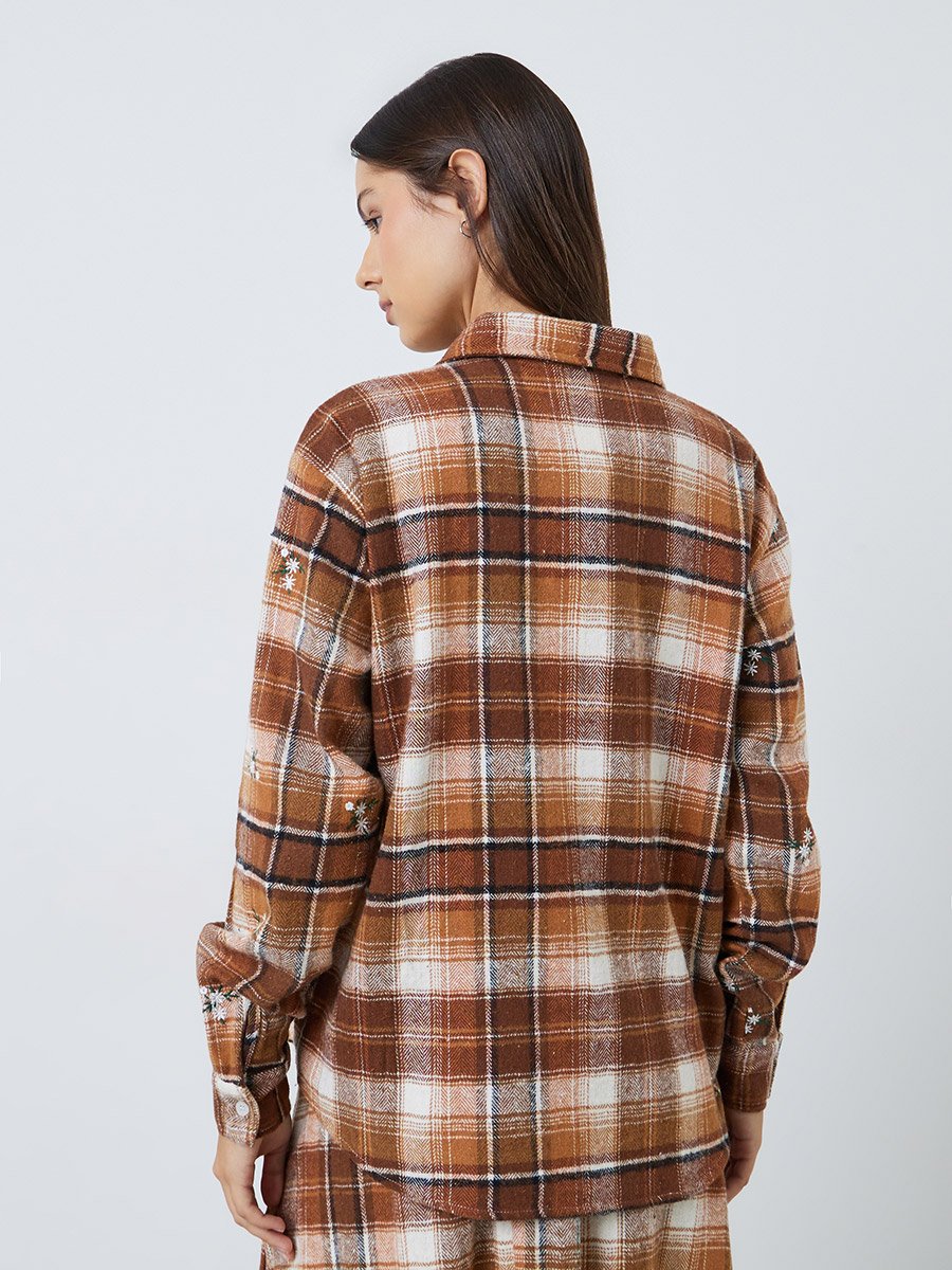Brown Plaid Cotton Shirt with Embroidery
