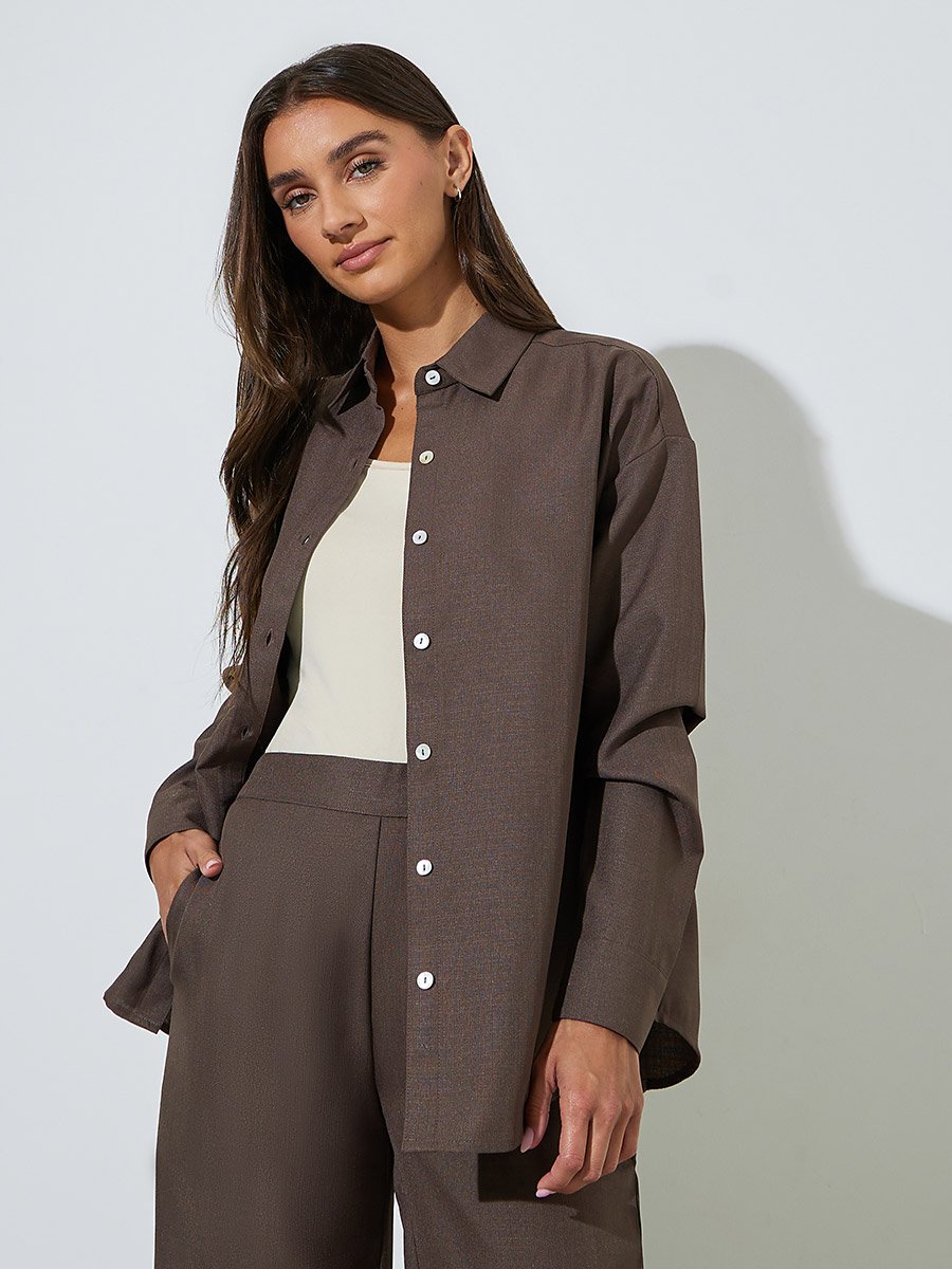 Brown Solid Long Sleeves Button-Up Oversized Shirt