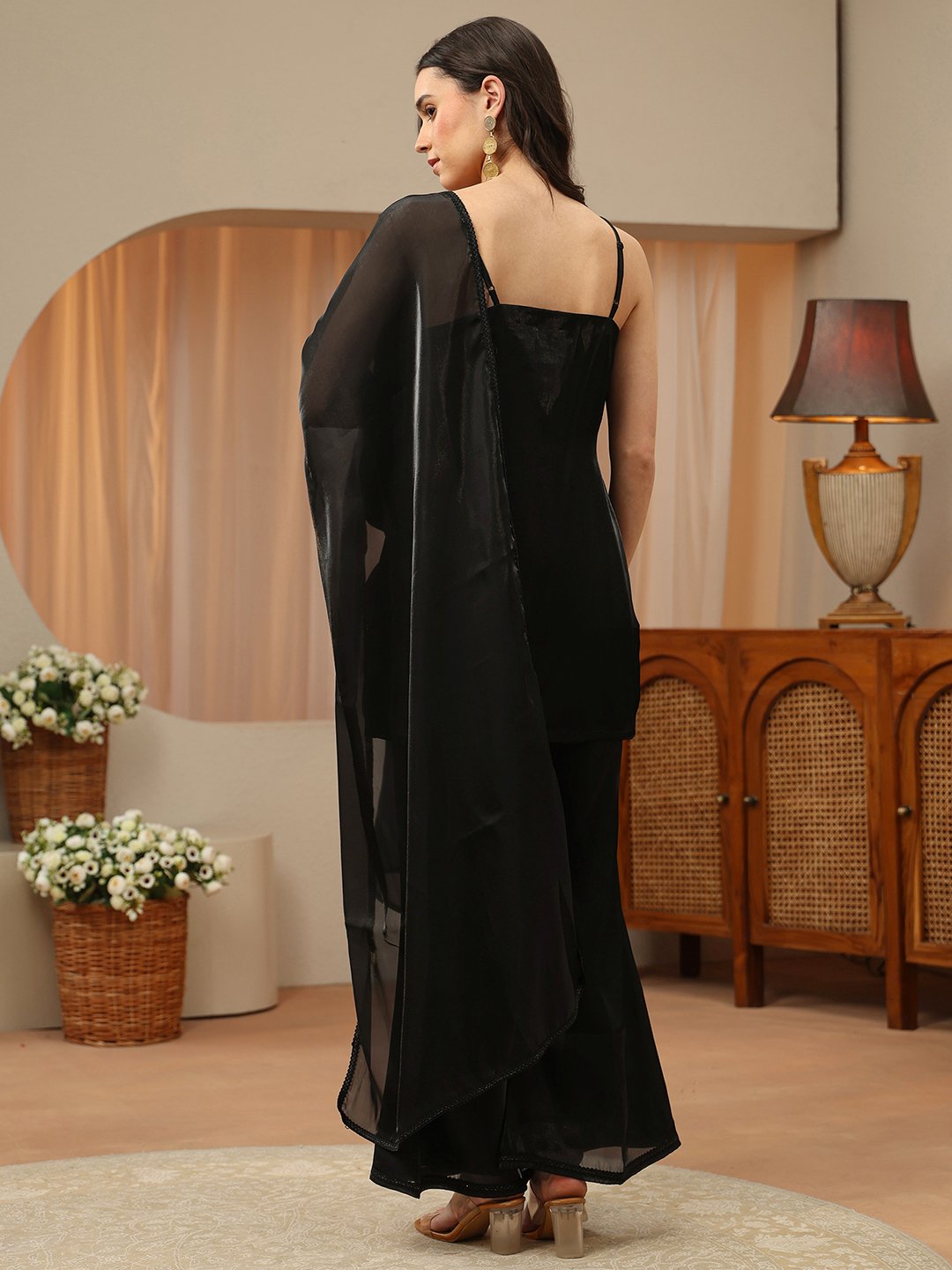 Black Solid Tissue Straight Kurta, Palazzo Pants And Dupatta Set