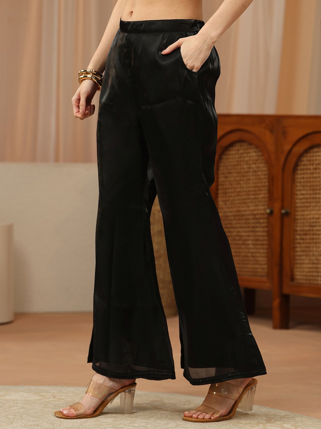 Black Solid Tissue Straight Kurta, Palazzo Pants And Dupatta Set