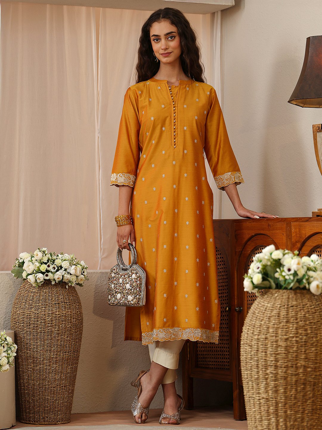 Mustard Embroidered Silk Blend Straight Kurta
