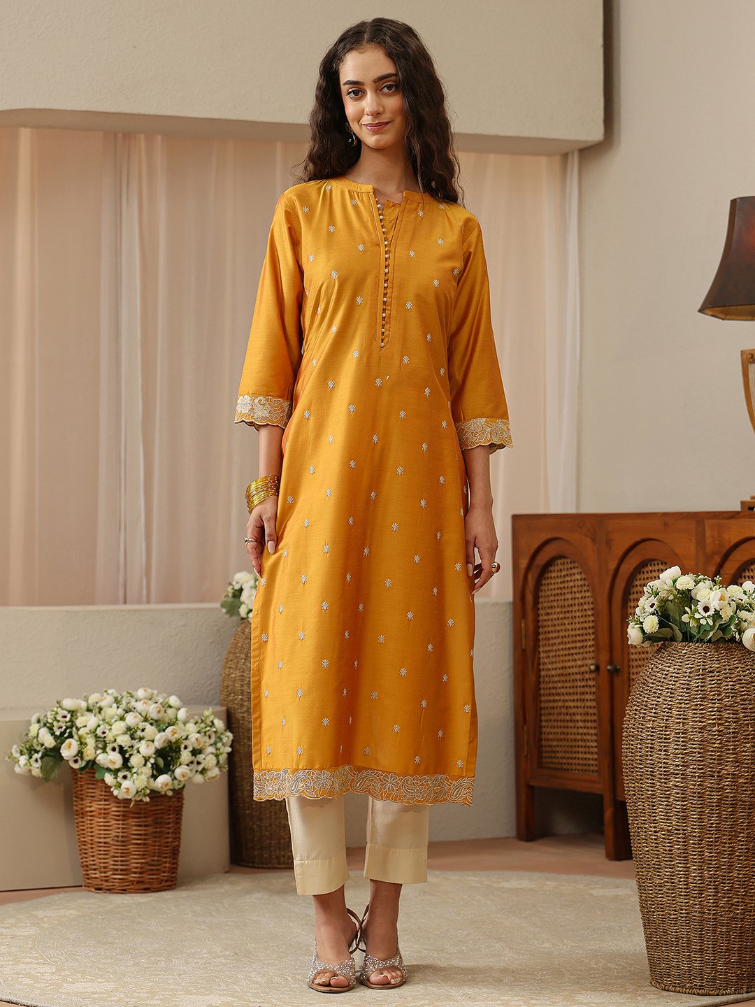 Mustard Embroidered Silk Blend Straight Kurta