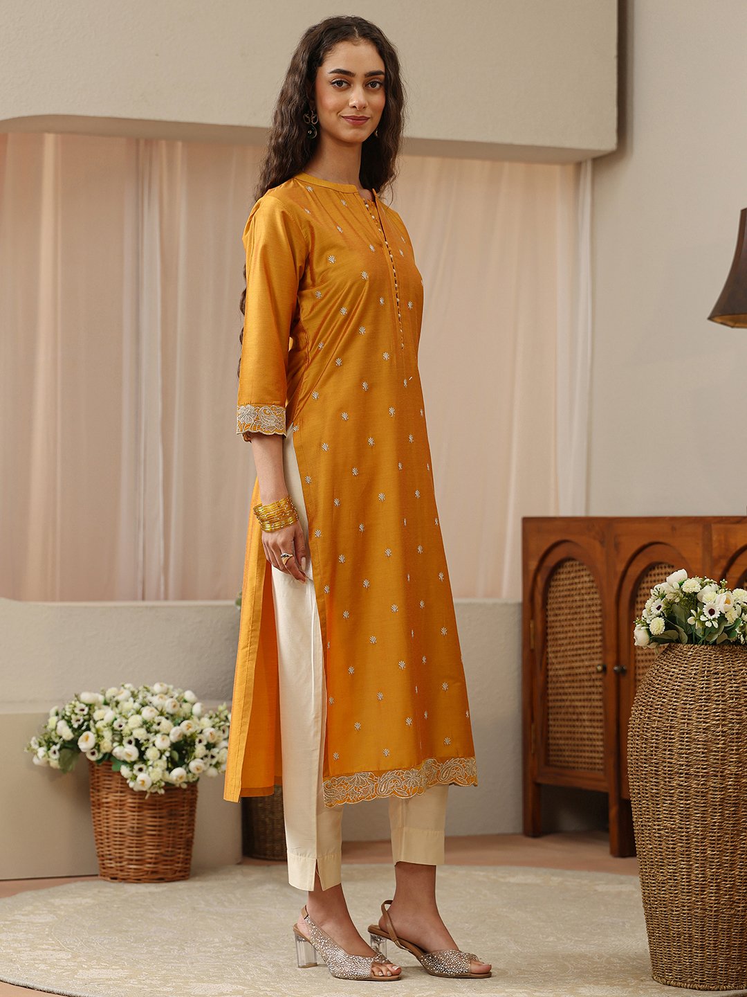 Mustard Embroidered Silk Blend Straight Kurta