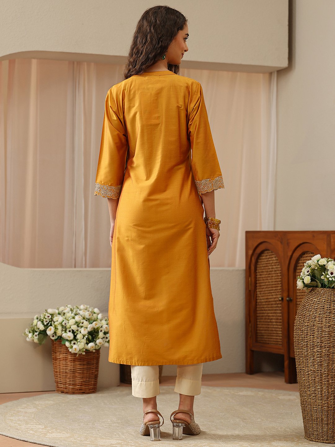 Mustard Embroidered Silk Blend Straight Kurta