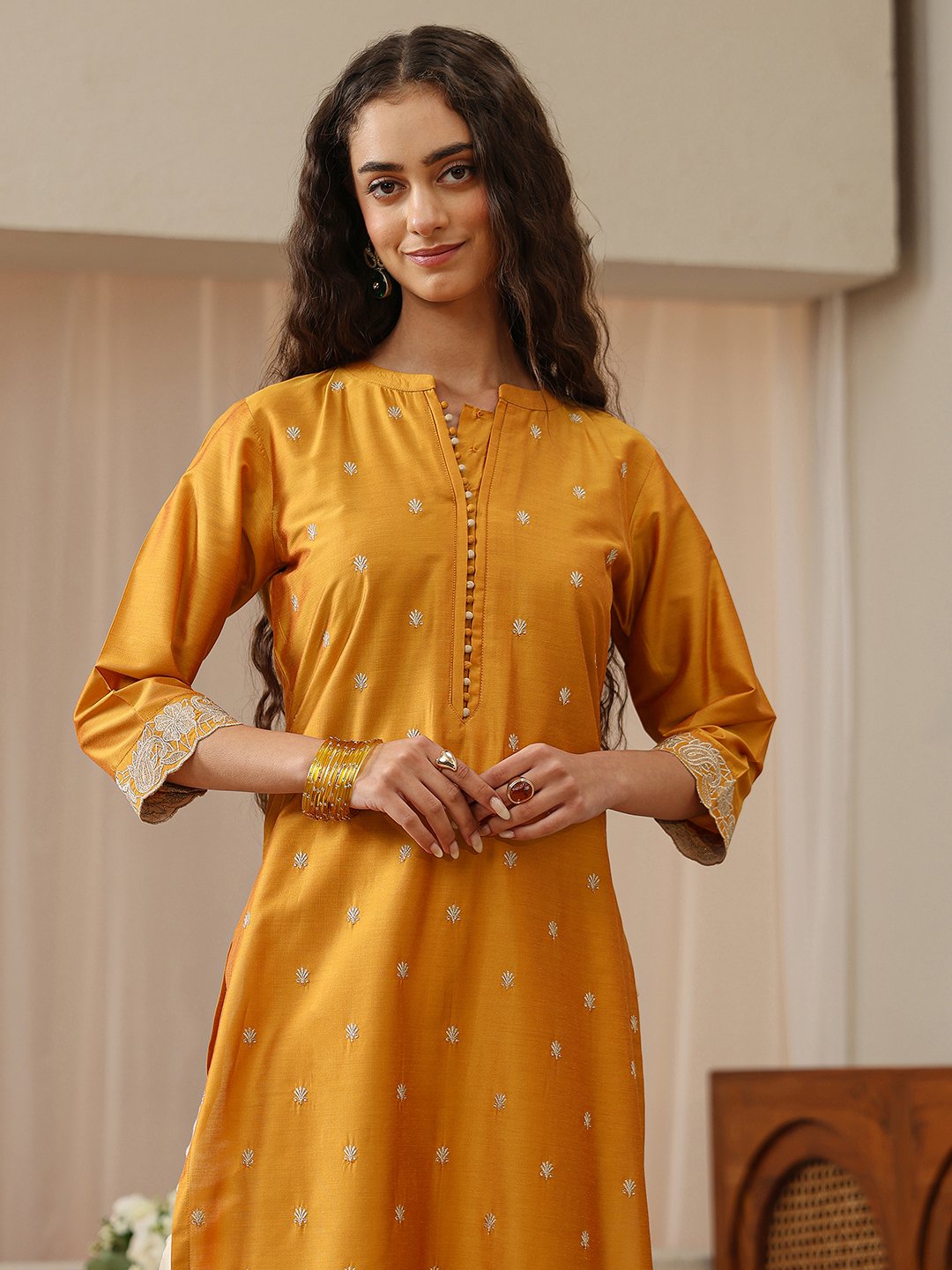 Mustard Embroidered Silk Blend Straight Kurta