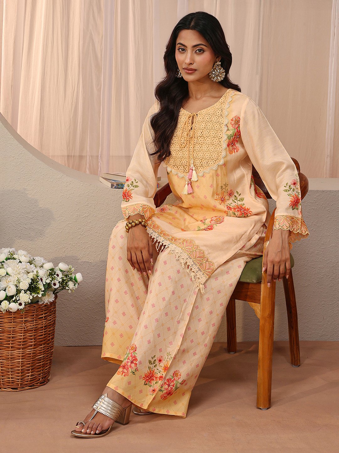 Peach Printed Silk Blend Straight Kurta And Palazzo Set