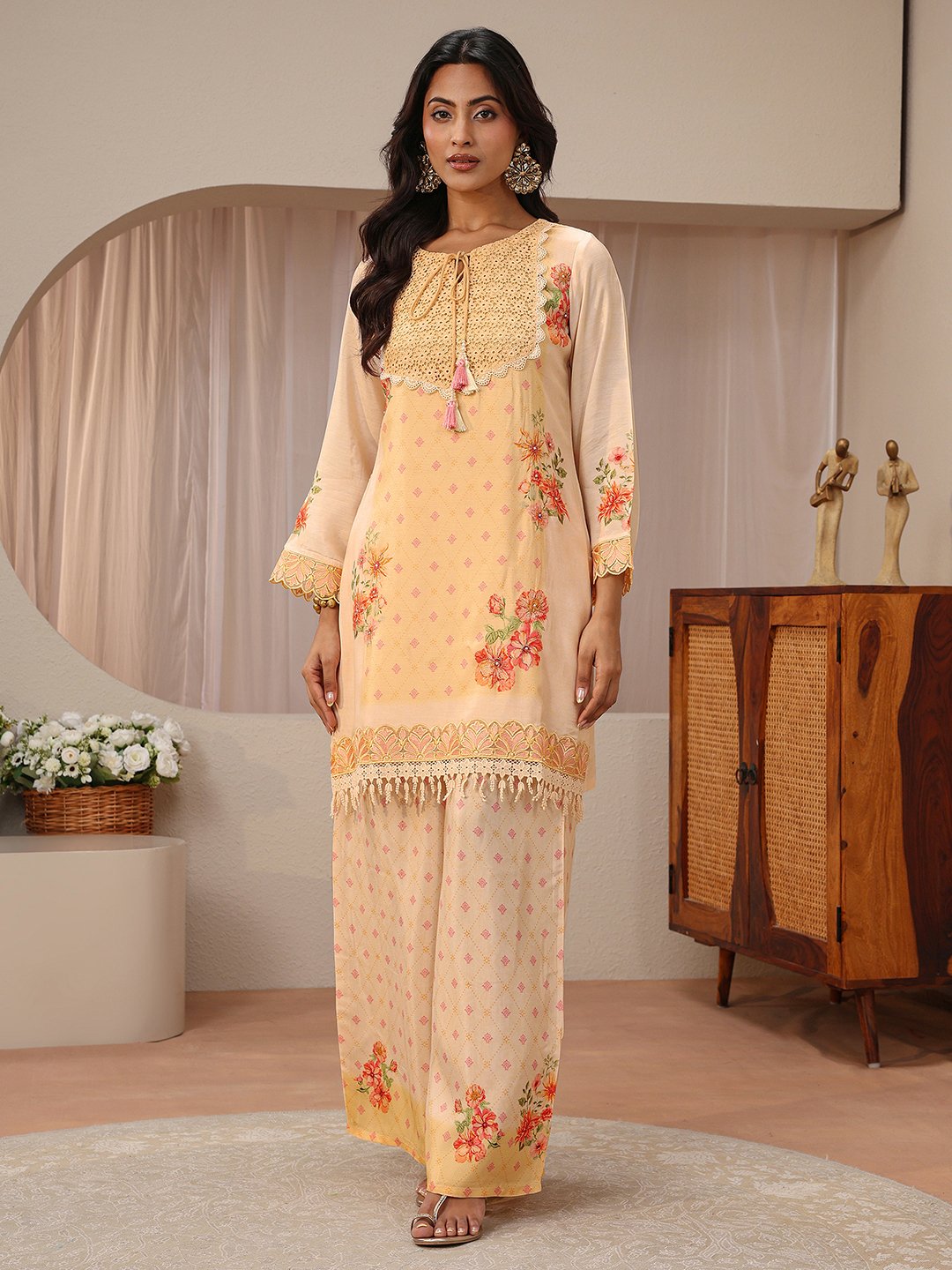 Peach Printed Silk Blend Straight Kurta And Palazzo Set