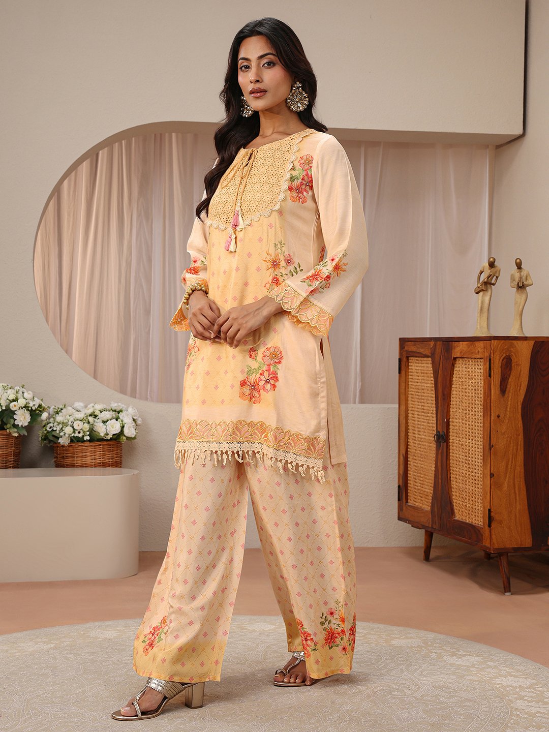 Peach Printed Silk Blend Straight Kurta And Palazzo Set