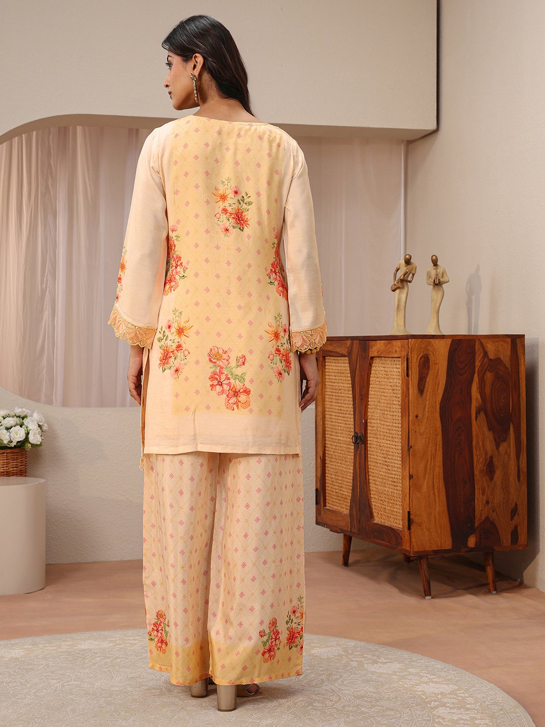 Peach Printed Silk Blend Straight Kurta And Palazzo Set