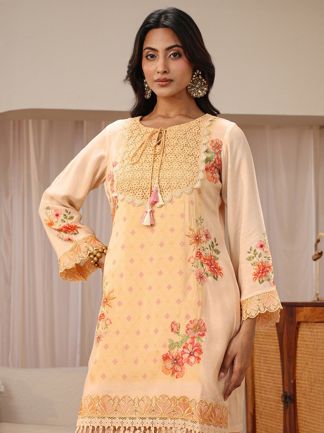 Peach Printed Silk Blend Straight Kurta And Palazzo Set