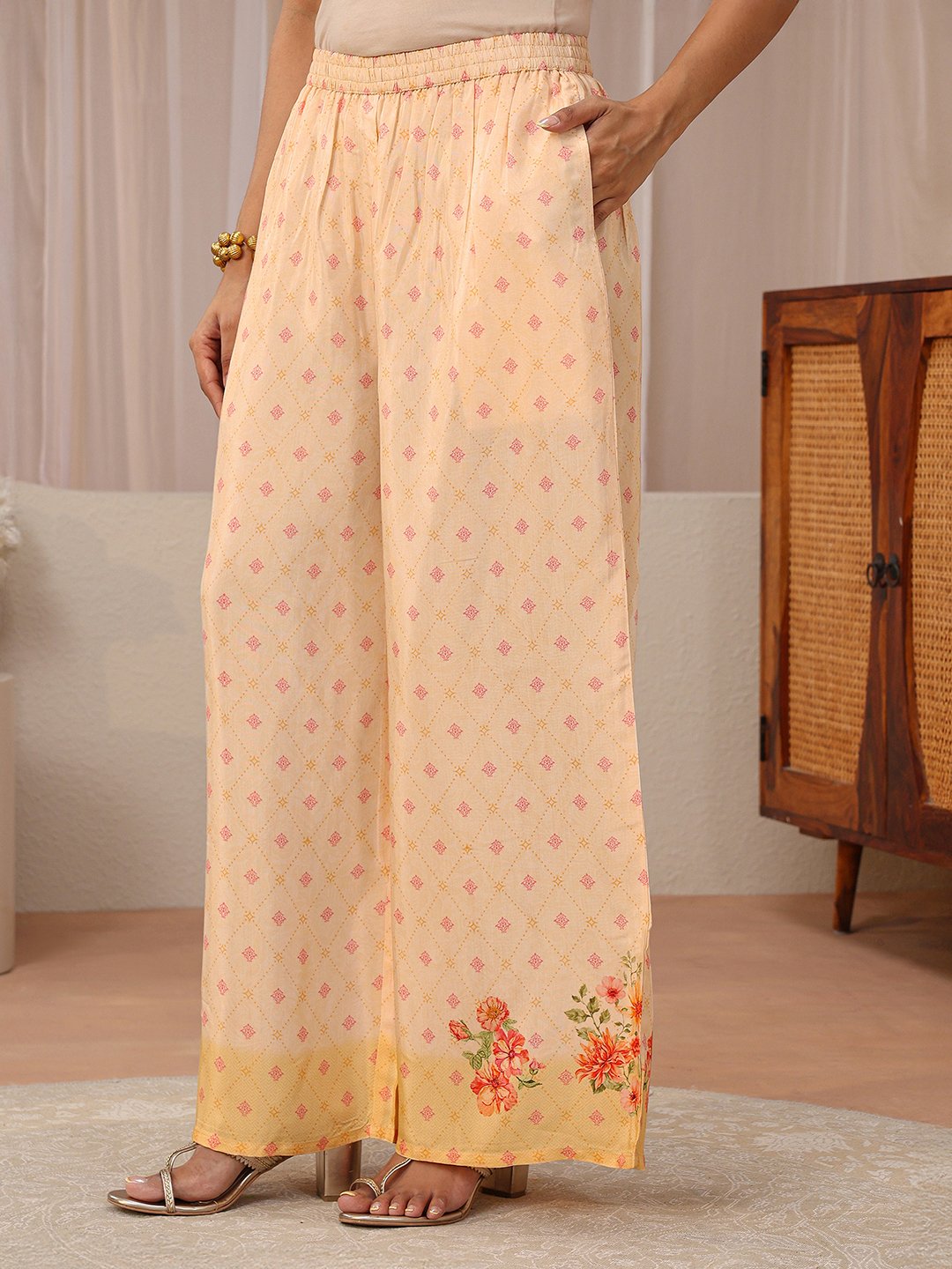 Peach Printed Silk Blend Straight Kurta And Palazzo Set