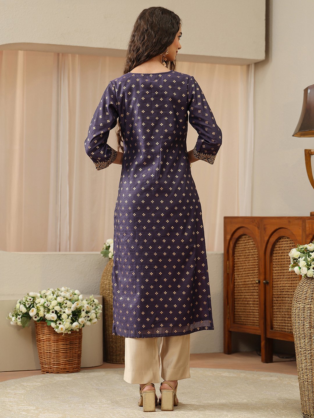 Purple Woven Design Chanderi Silk Straight Kurta