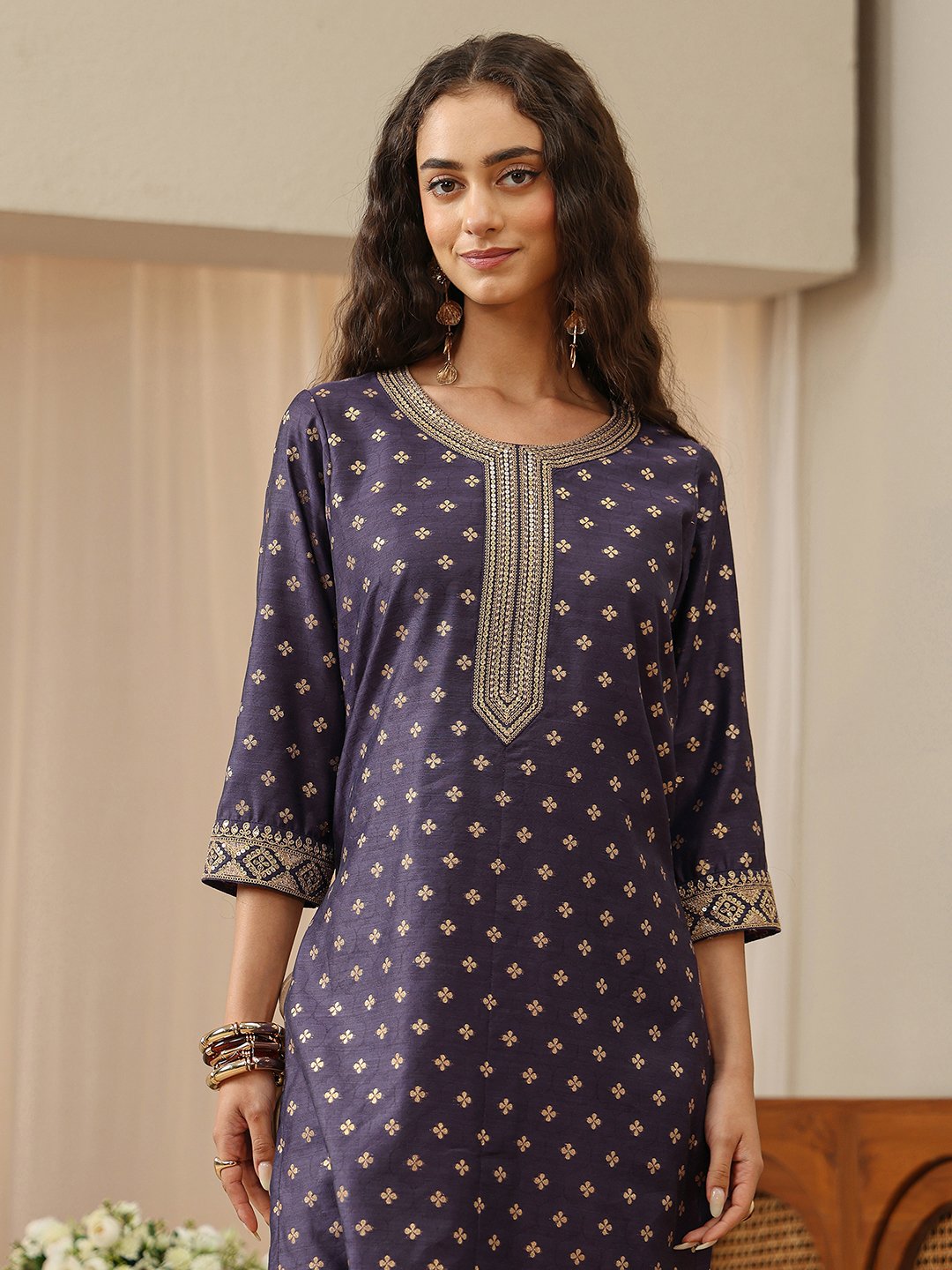 Purple Woven Design Chanderi Silk Straight Kurta