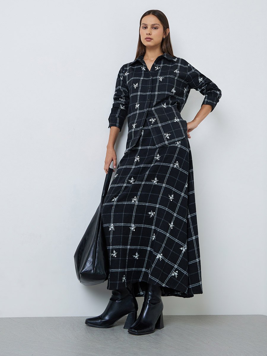 Black Plaid Cotton A-Line Maxi Skirt
