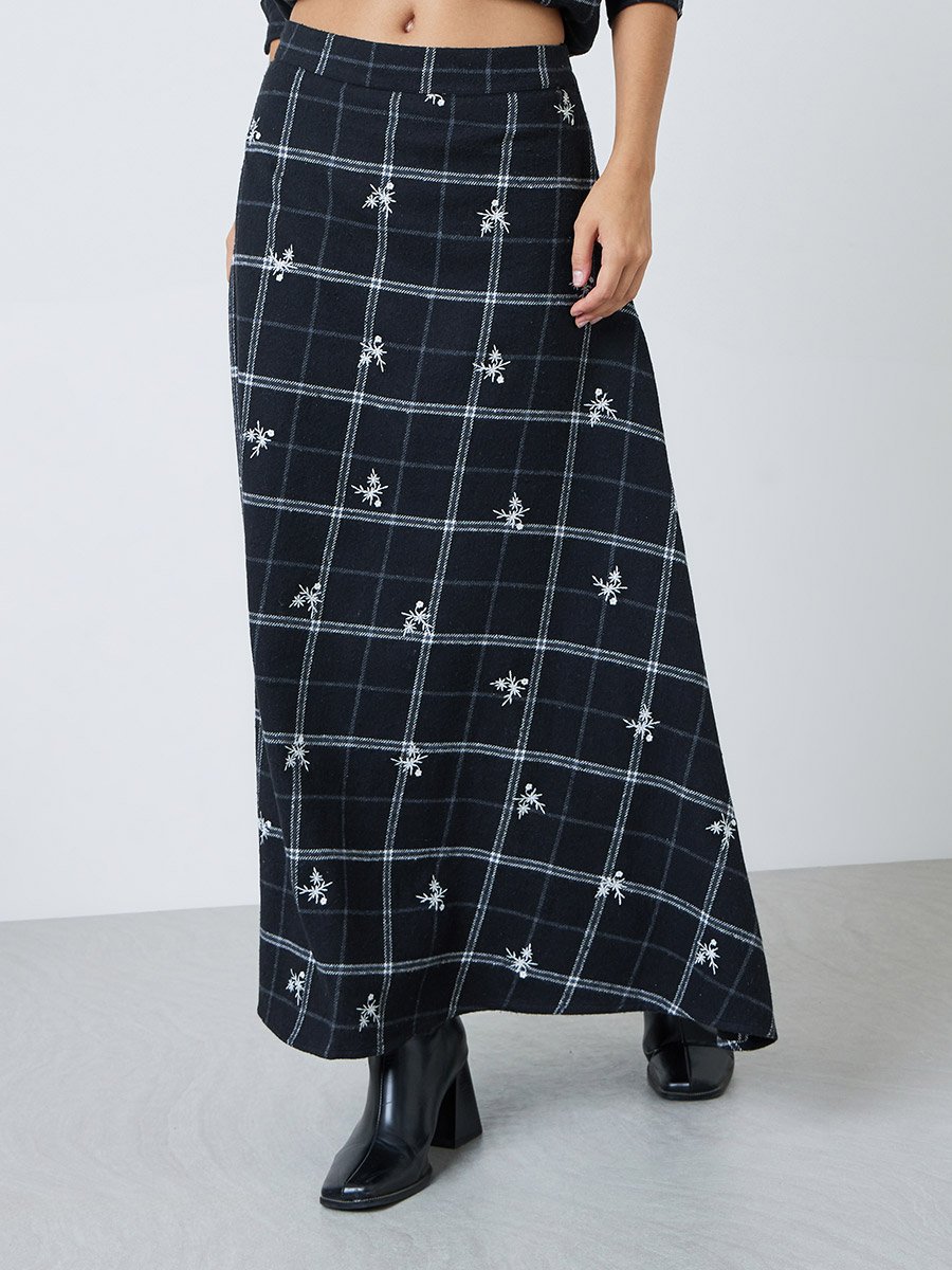 Black Plaid Cotton A-Line Maxi Skirt