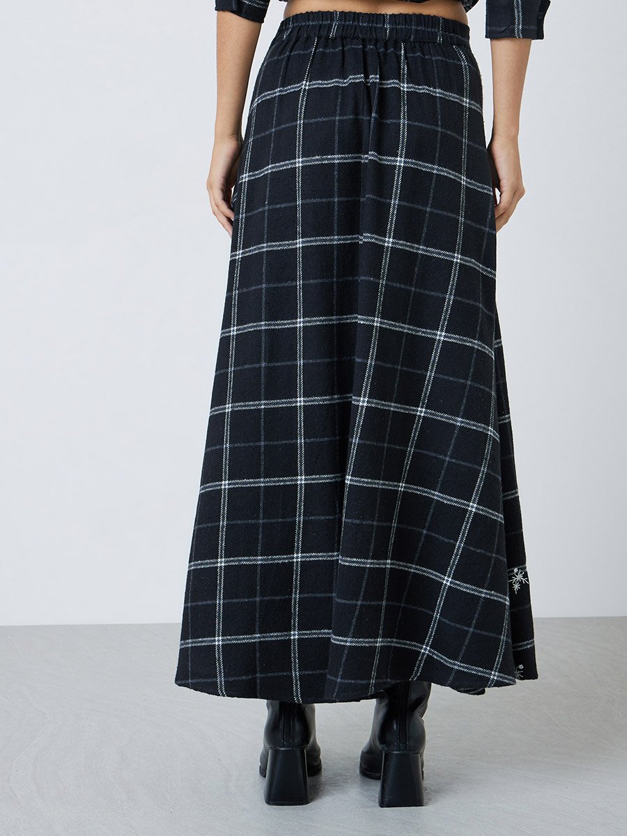 Black Plaid Cotton A-Line Maxi Skirt