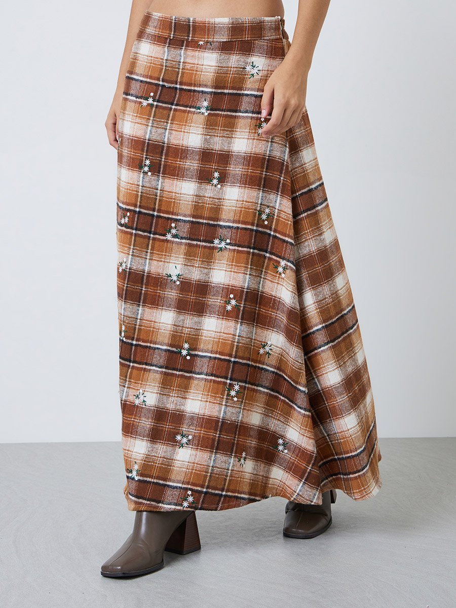 Brown Plaid Cotton A-Line Maxi Skirt