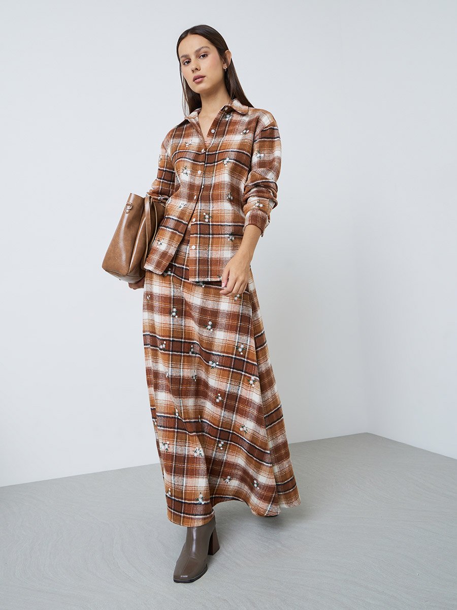Brown Plaid Cotton A-Line Maxi Skirt