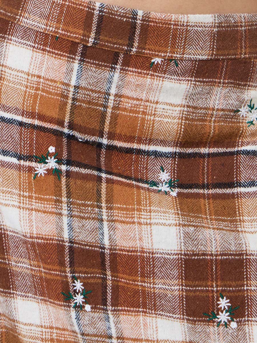 Brown Plaid Cotton A-Line Maxi Skirt
