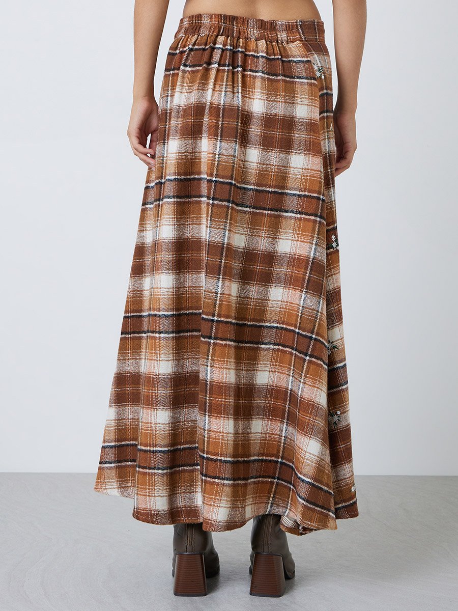 Brown Plaid Cotton A-Line Maxi Skirt