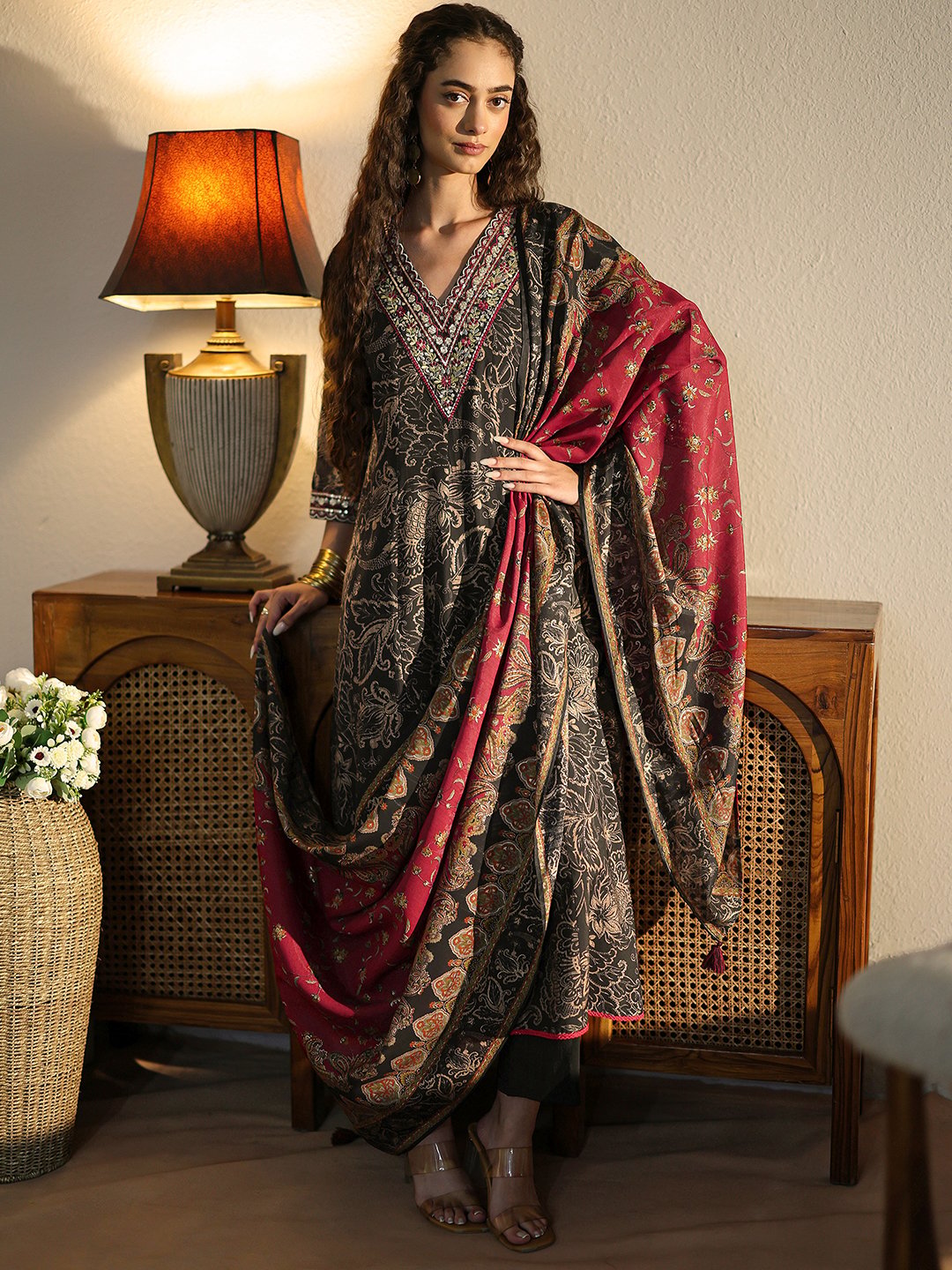 Black Printed Silk Blend Anarkali Kurta with Straight Pants and Dupatta Set