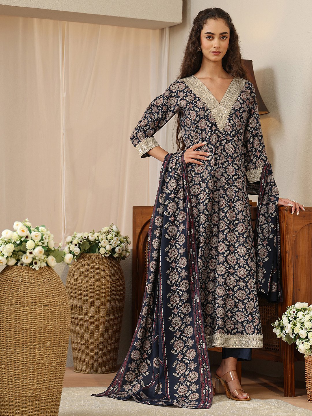 Blue Printed Silk Blend Anarkali Kurta with Straight Pants and Dupatta Set