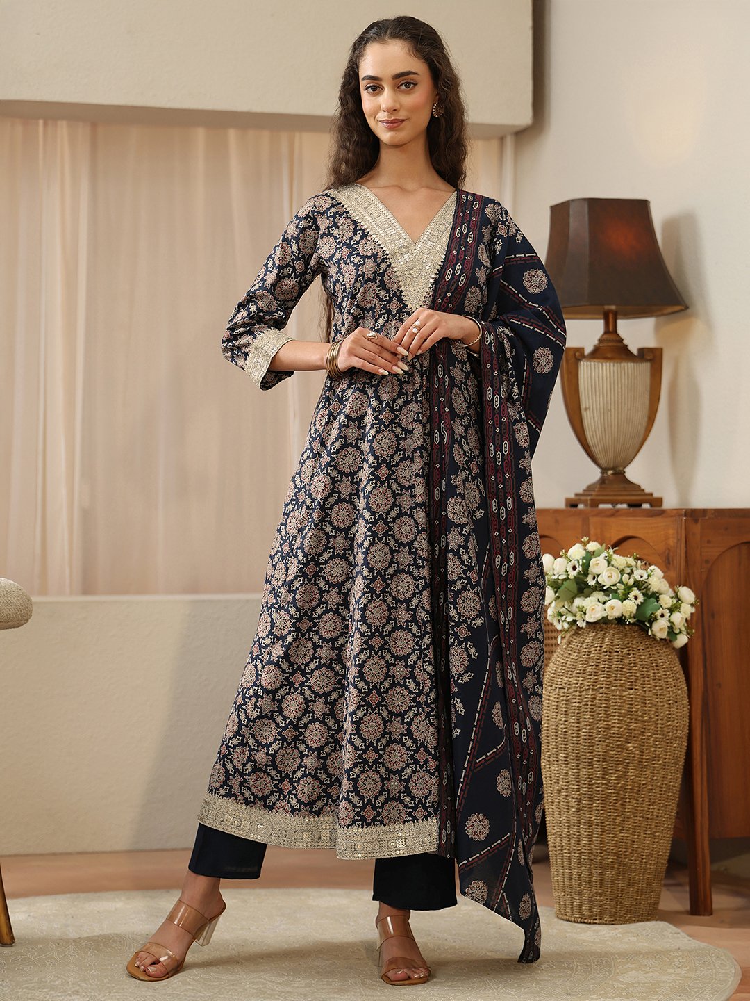 Blue Printed Silk Blend Anarkali Kurta with Straight Pants and Dupatta Set