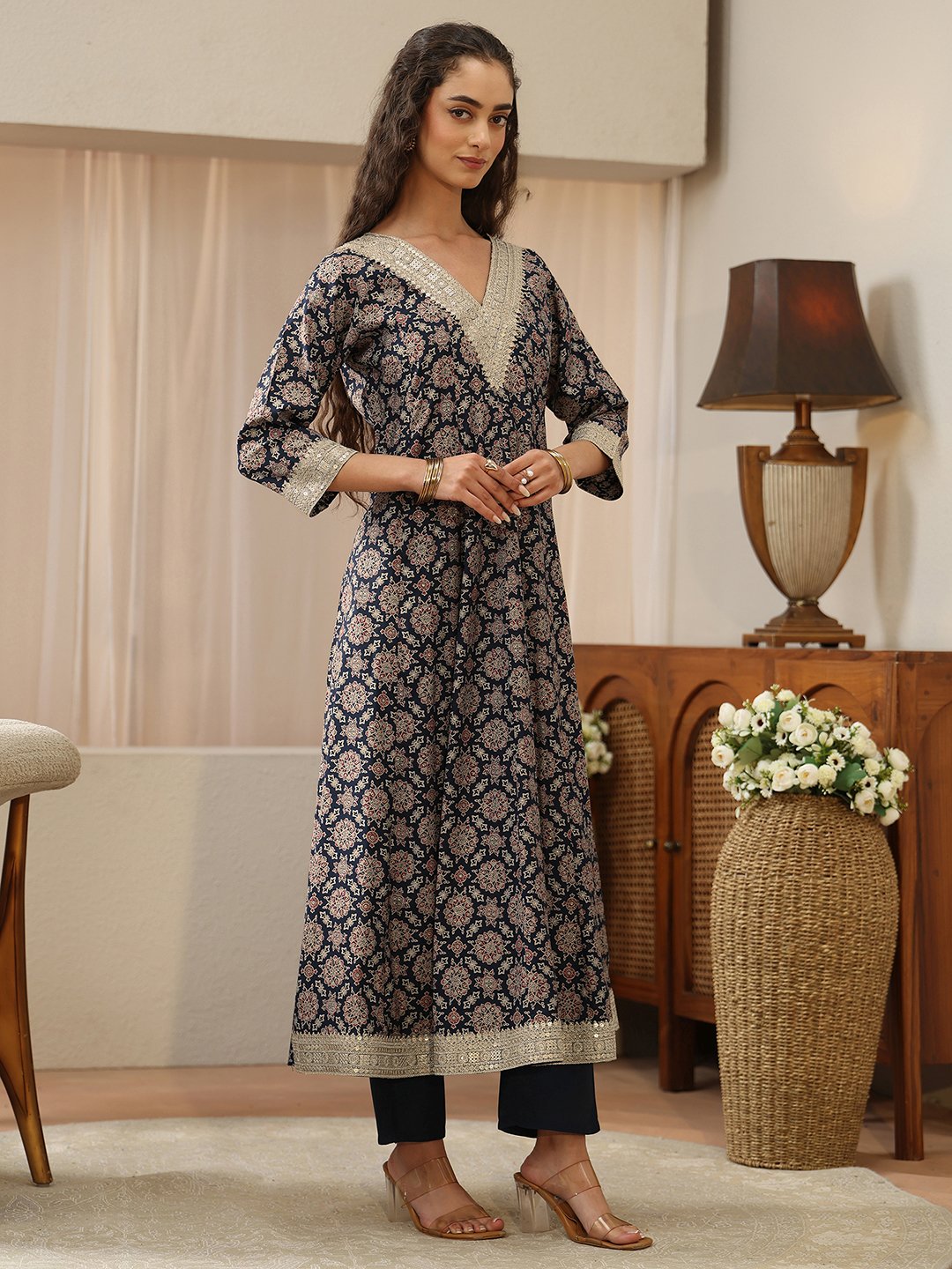 Blue Printed Silk Blend Anarkali Kurta with Straight Pants and Dupatta Set