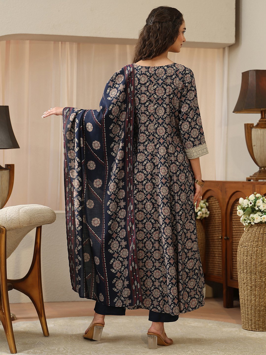 Blue Printed Silk Blend Anarkali Kurta with Straight Pants and Dupatta Set