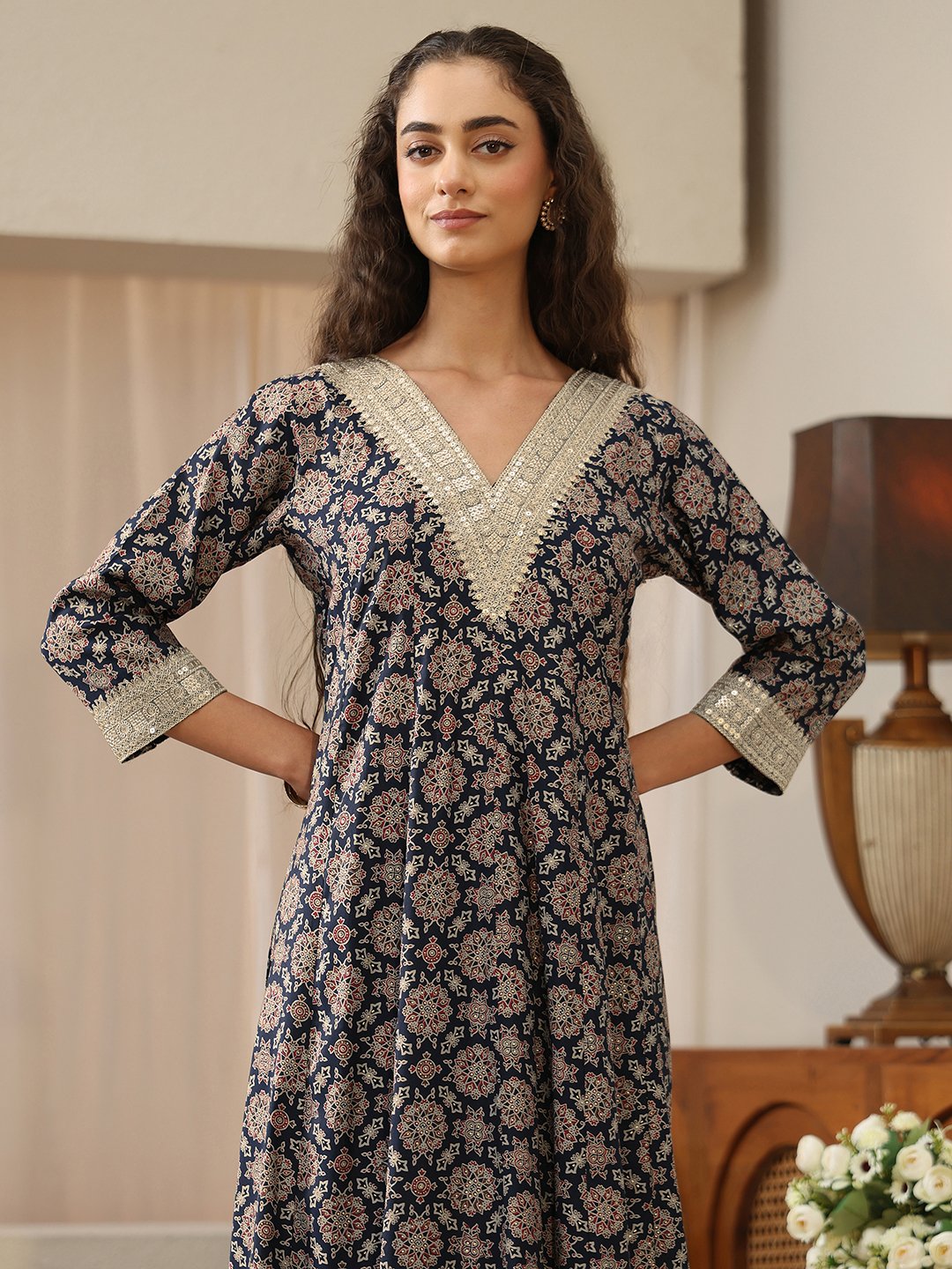 Blue Printed Silk Blend Anarkali Kurta with Straight Pants and Dupatta Set