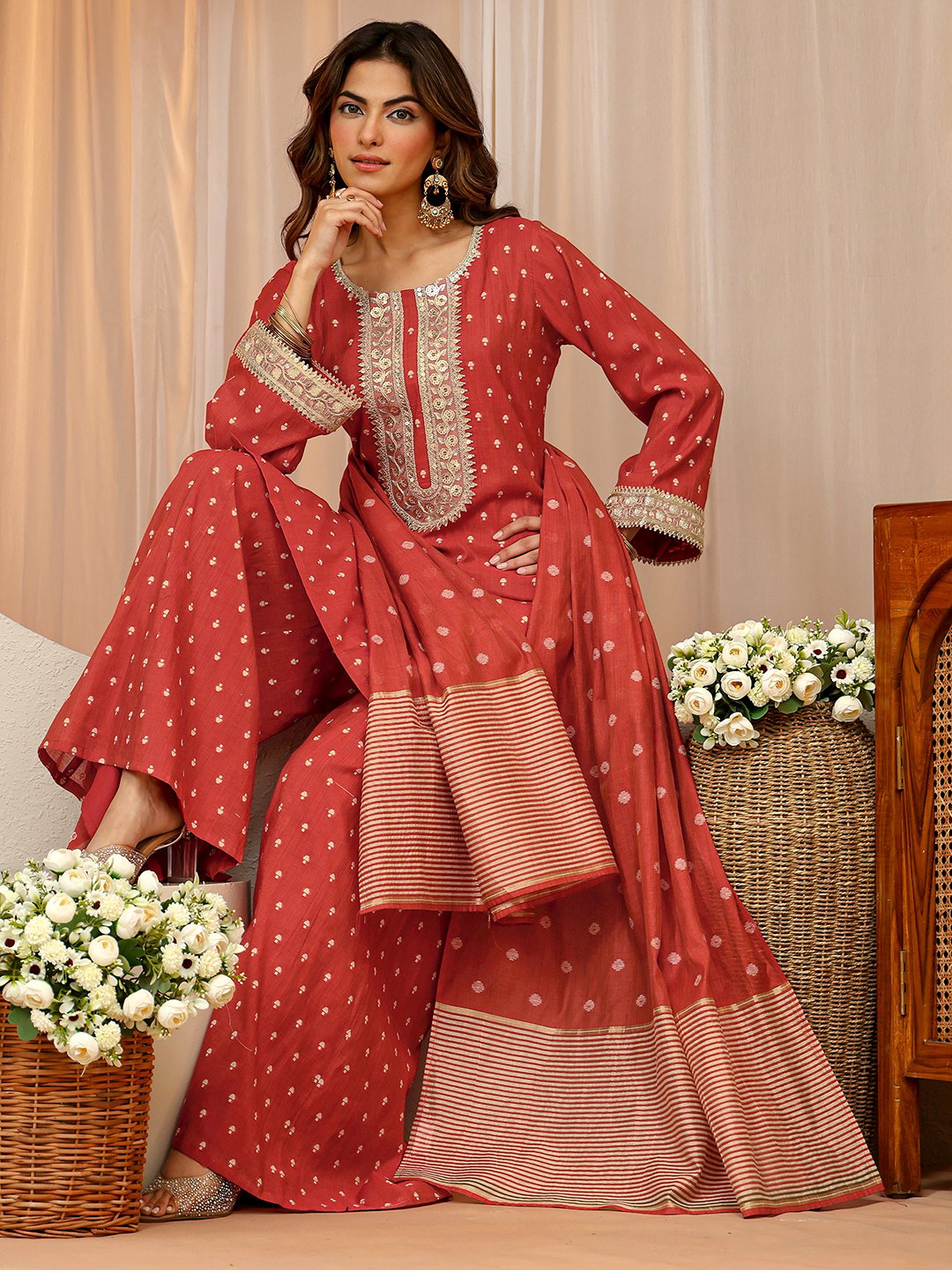 Rust Woven Silk Straight Kurta with Palazzo Pants and Dupatta Set
