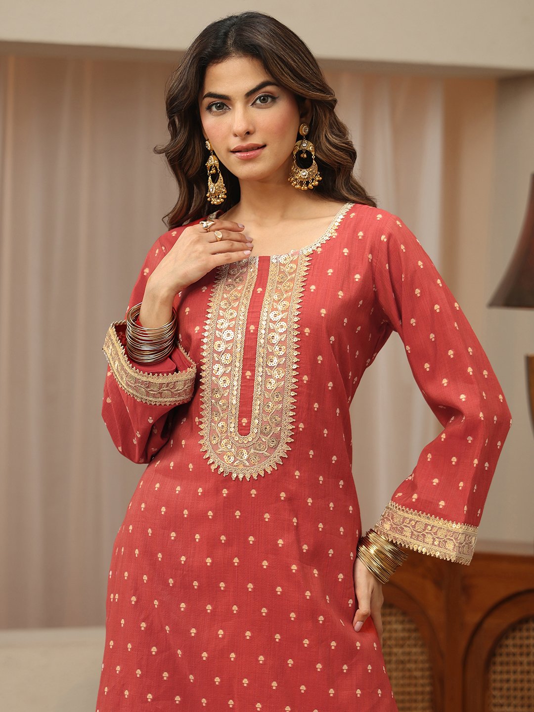 Rust Woven Silk Straight Kurta with Palazzo Pants and Dupatta Set