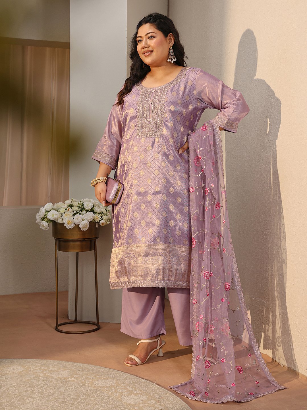 Plus Size Purple Self Design Silk Blend Straight-Fit Kurta, Pants and Dupatta Set