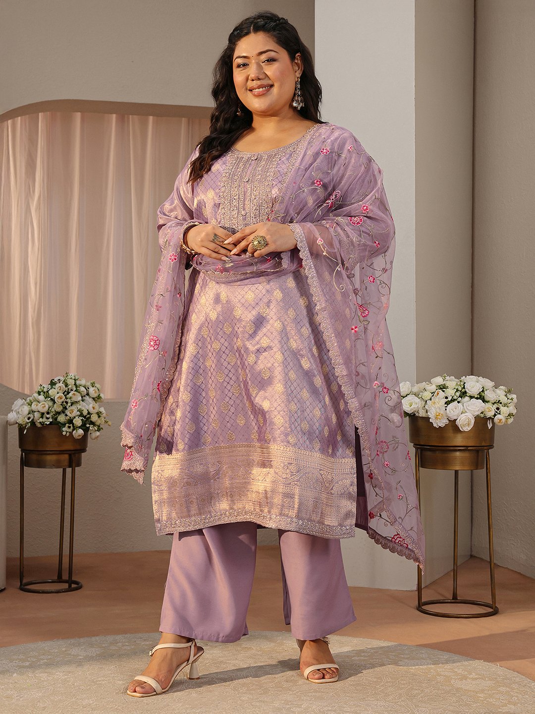 Plus Size Purple Self Design Silk Blend Straight-Fit Kurta, Pants and Dupatta Set