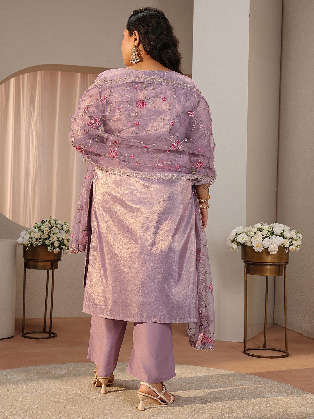 Plus Size Purple Self Design Silk Blend Straight-Fit Kurta, Pants and Dupatta Set