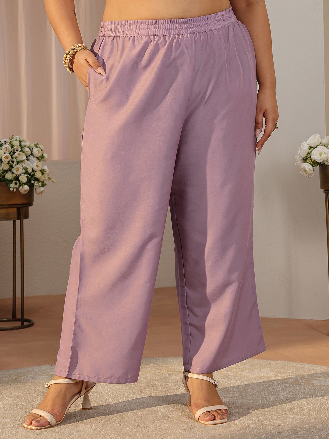Plus Size Purple Self Design Silk Blend Straight-Fit Kurta, Pants and Dupatta Set
