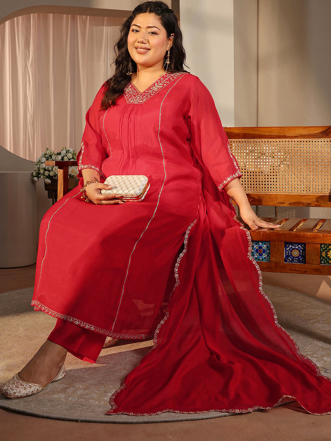 Plus Size Red Embroidered Silk Blend A-Line Kurta, Straight Pants and Dupatta Set