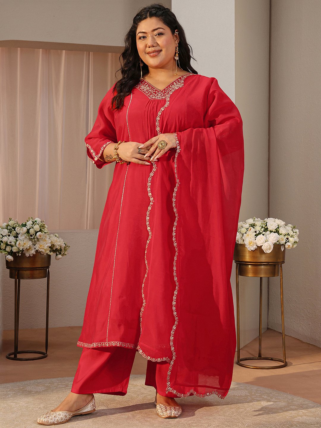 Plus Size Red Embroidered Silk Blend A-Line Kurta, Straight Pants and Dupatta Set