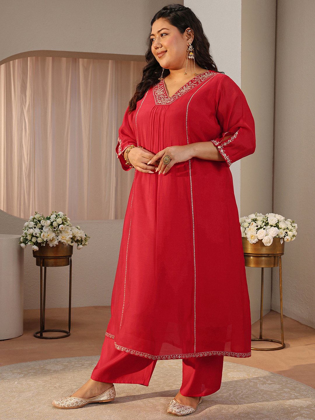 Plus Size Red Embroidered Silk Blend A-Line Kurta, Straight Pants and Dupatta Set