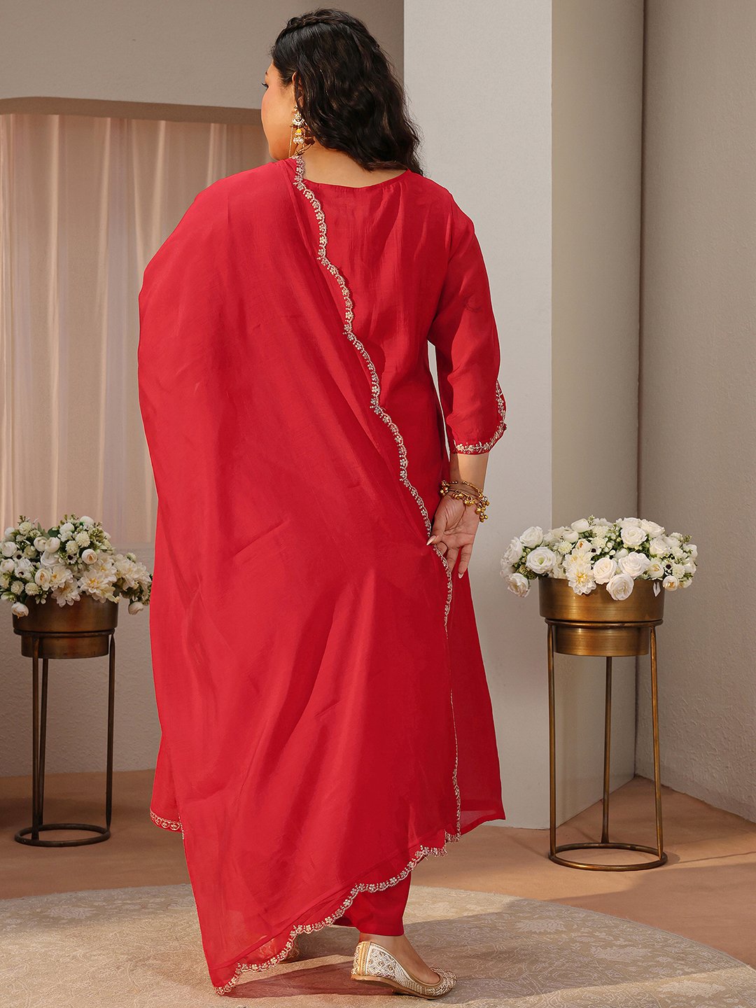 Plus Size Red Embroidered Silk Blend A-Line Kurta, Straight Pants and Dupatta Set