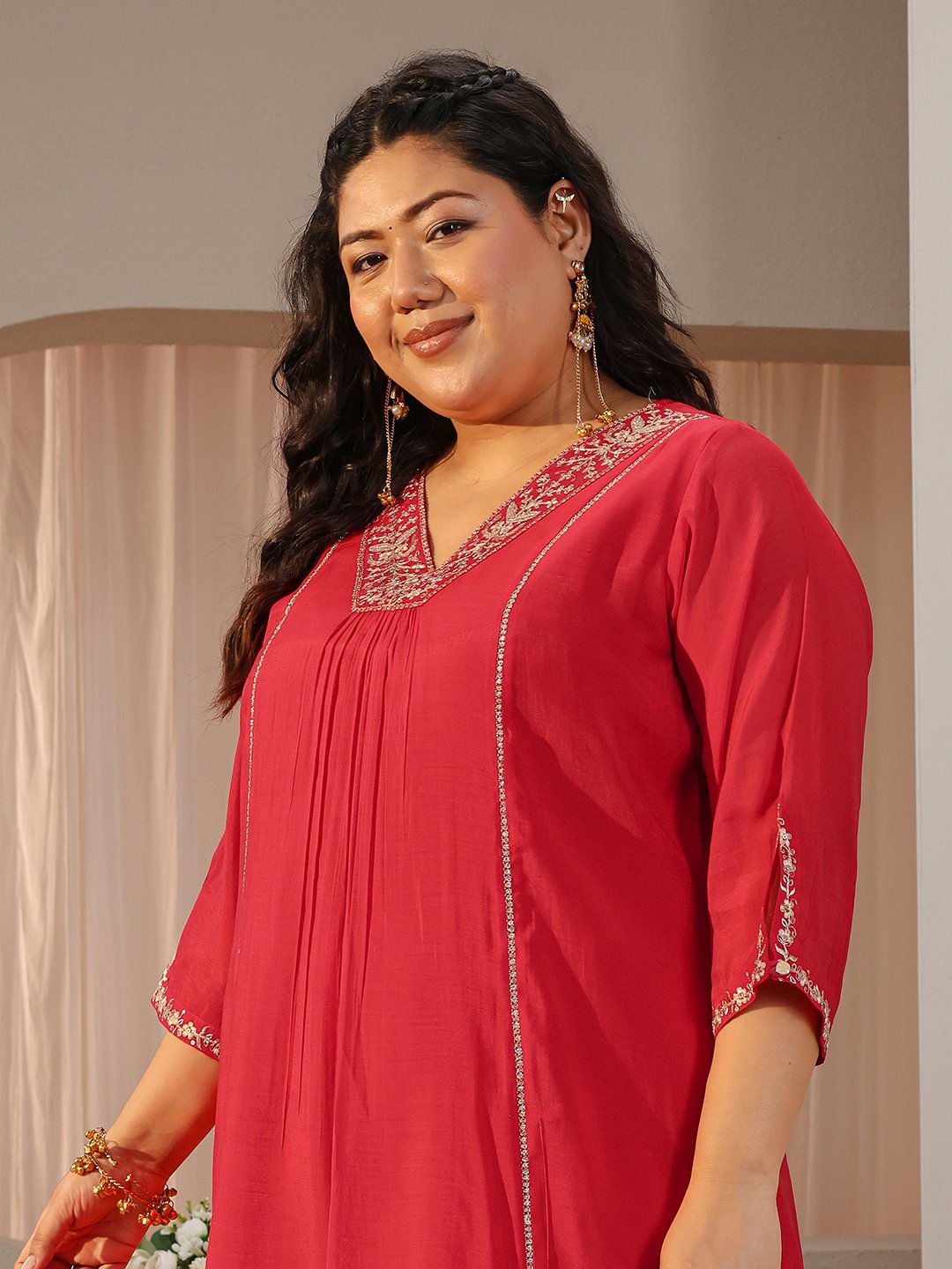 Plus Size Red Embroidered Silk Blend A-Line Kurta, Straight Pants and Dupatta Set
