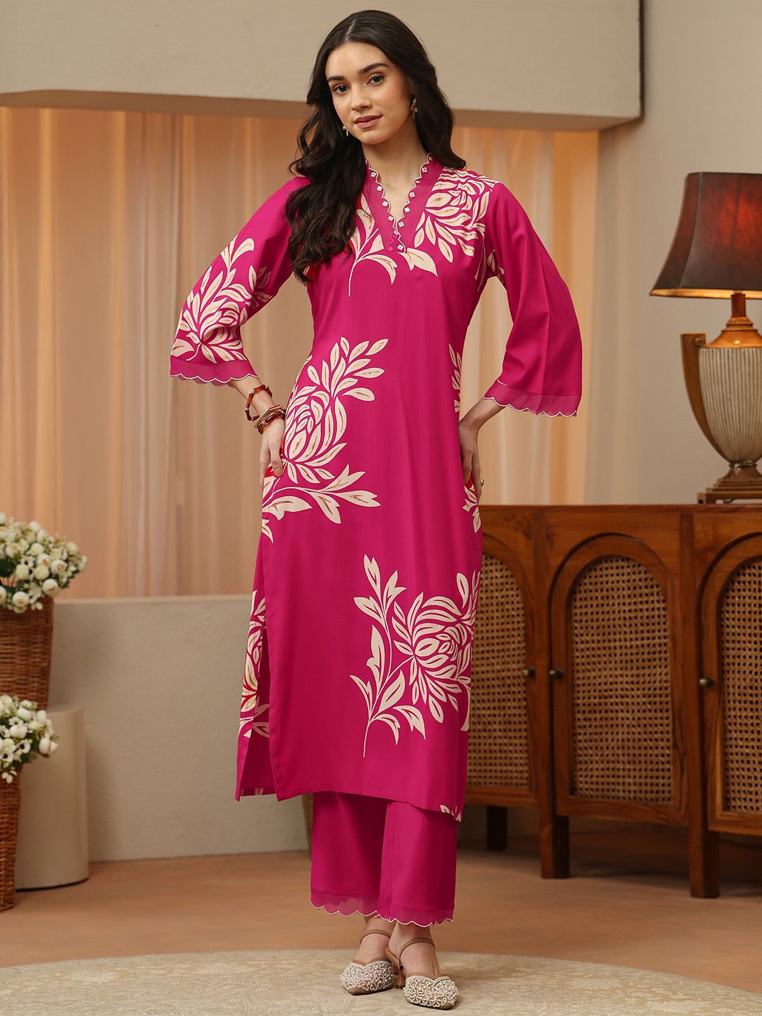 Pink Printed Rayon Straight Kurta with Straight Pants Set